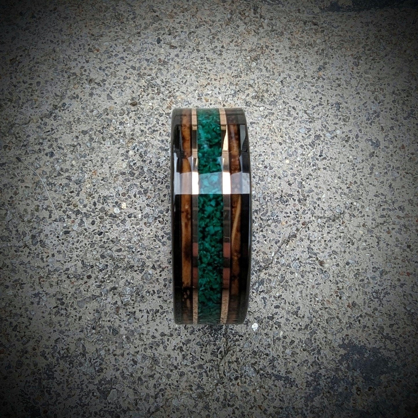 Malachite Ring with burnt Whiskey Barrel wood, Whiskey Barrel wedding ring, Whisky barrel band, Unique Wedding band, Men's wedding band
