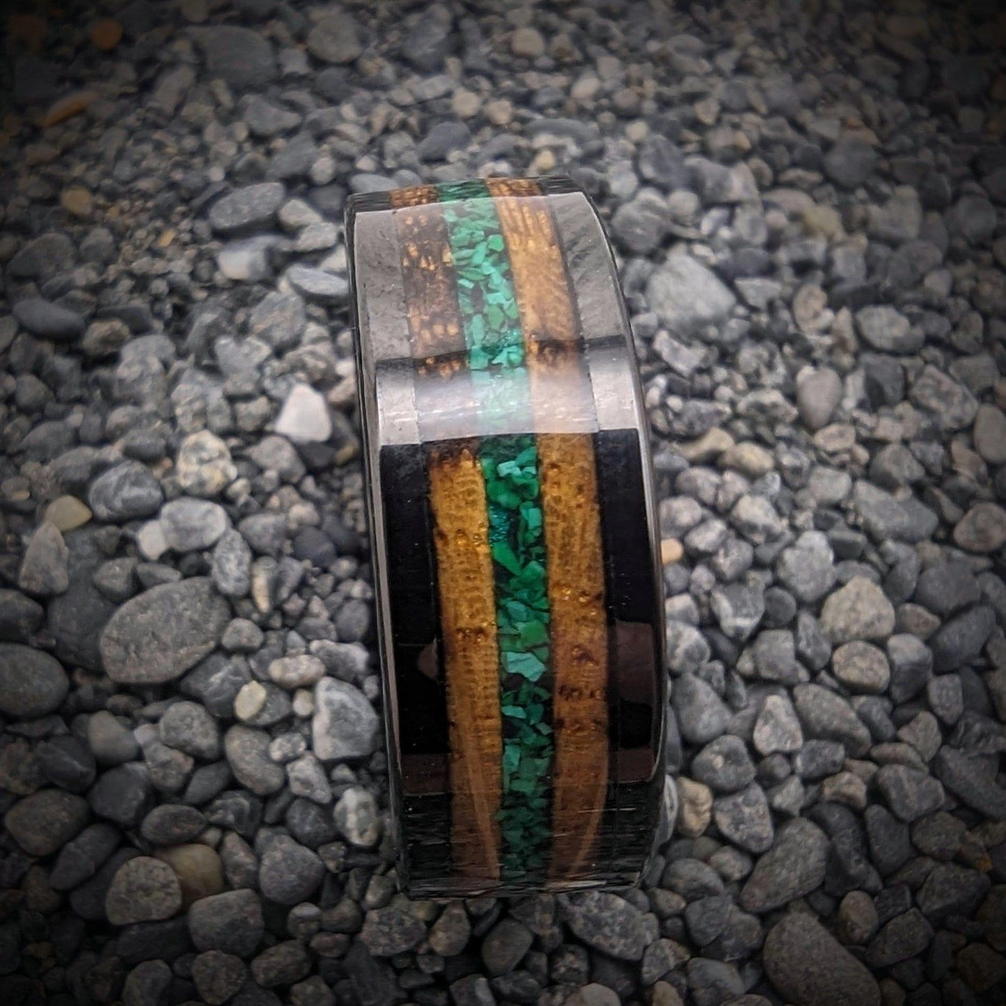 Malachite Ring with Burnt Whiskey Barrel in a Tungsten Core, Whiskey Barrel Wedding Band, Mens Wedding Band