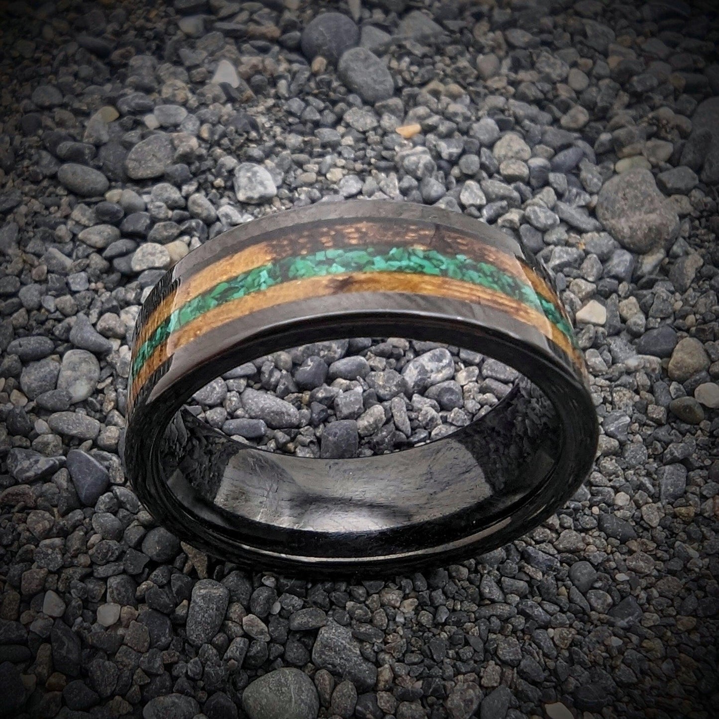 Malachite Ring with Burnt Whiskey Barrel in a Tungsten Core, Whiskey Barrel Wedding Band, Mens Wedding Band