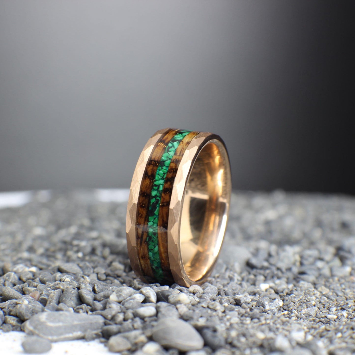 Malachite Ring with Burnt Whiskey Barrel and Rose Gold Tungsten, Mens Wedding Band, Whiskey Barrel Ring