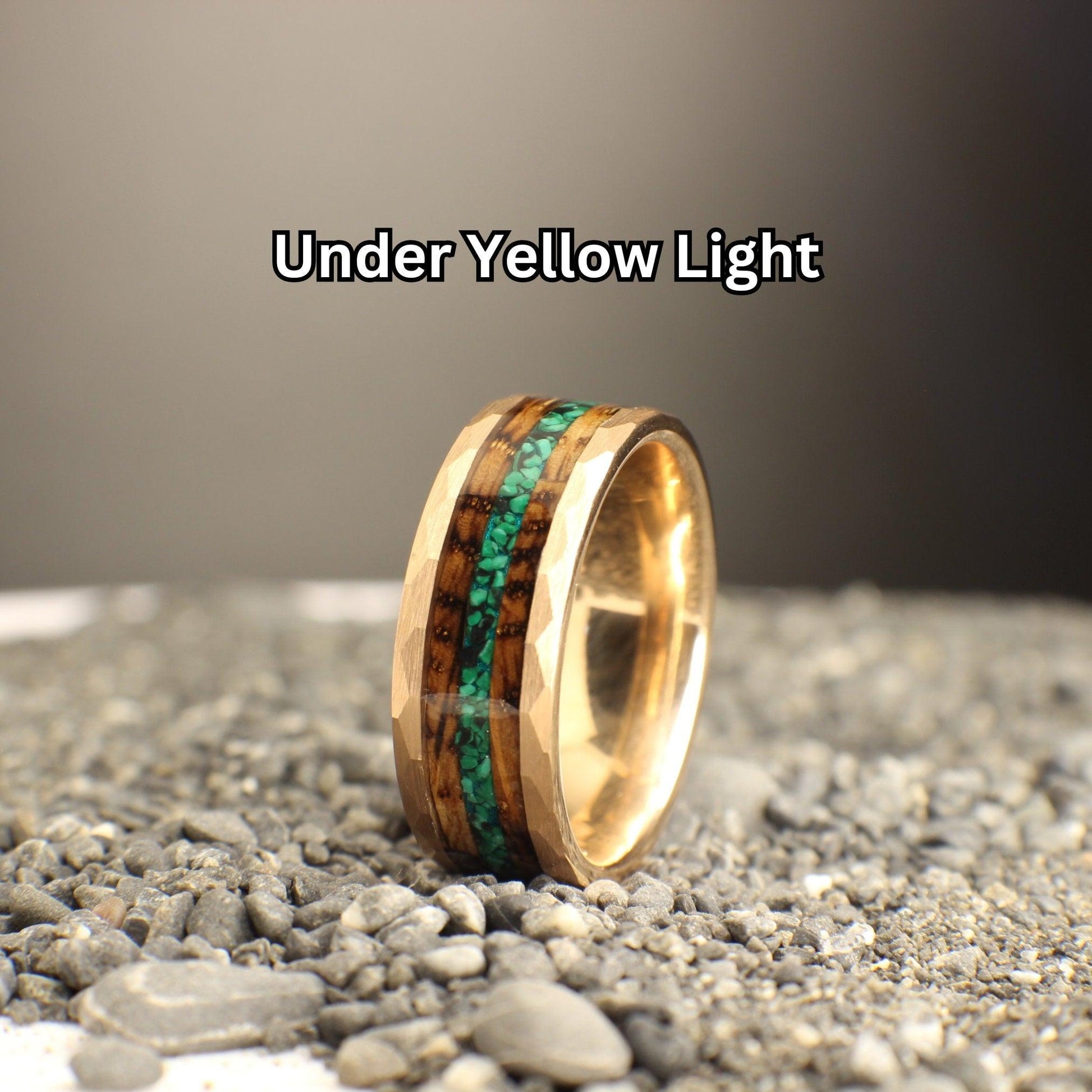 Malachite Ring with Burnt Whiskey Barrel and Rose Gold Tungsten, Mens Wedding Band, Whiskey Barrel Ring