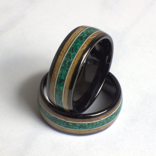 Guitar String Ring with whiskey barrel and malachite. Men's Guitar String Ring