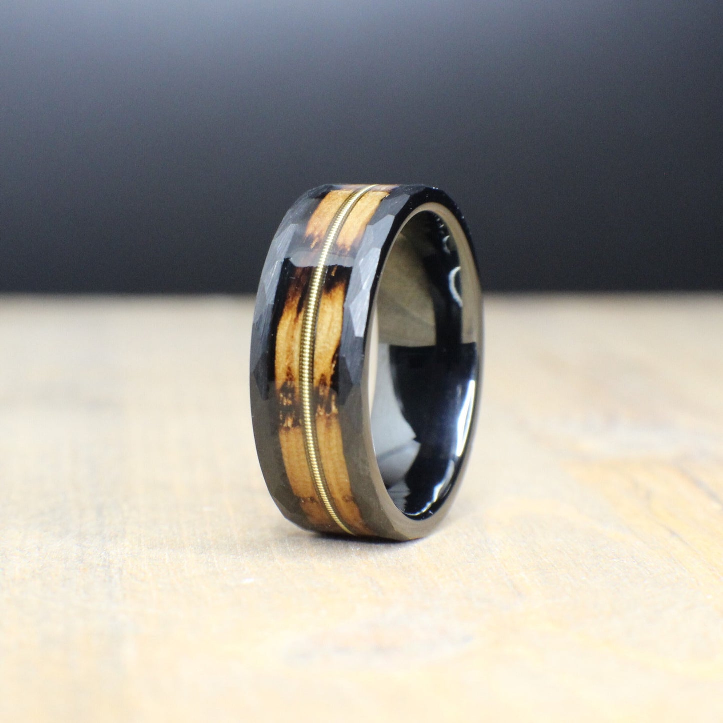 Guitar String Wedding Band, Men's ring made out of hammered tungsten, burnt whiskey barrel, and guitar string