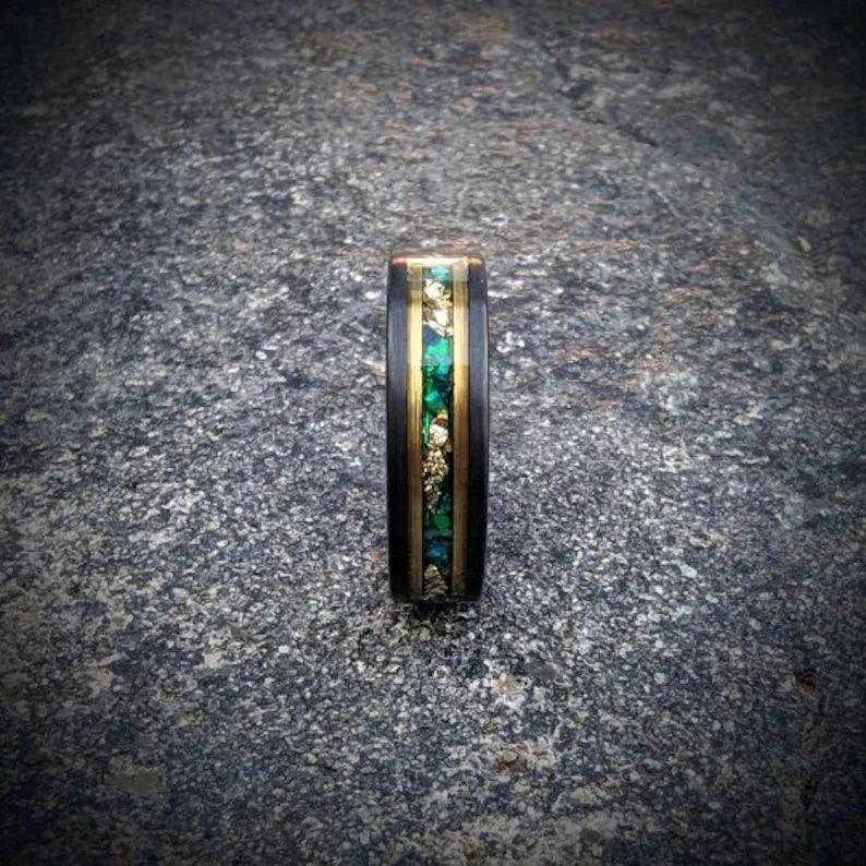 Green Opal and Gold Leaf Tungsten Wedding Ring - GoodRingsUSA