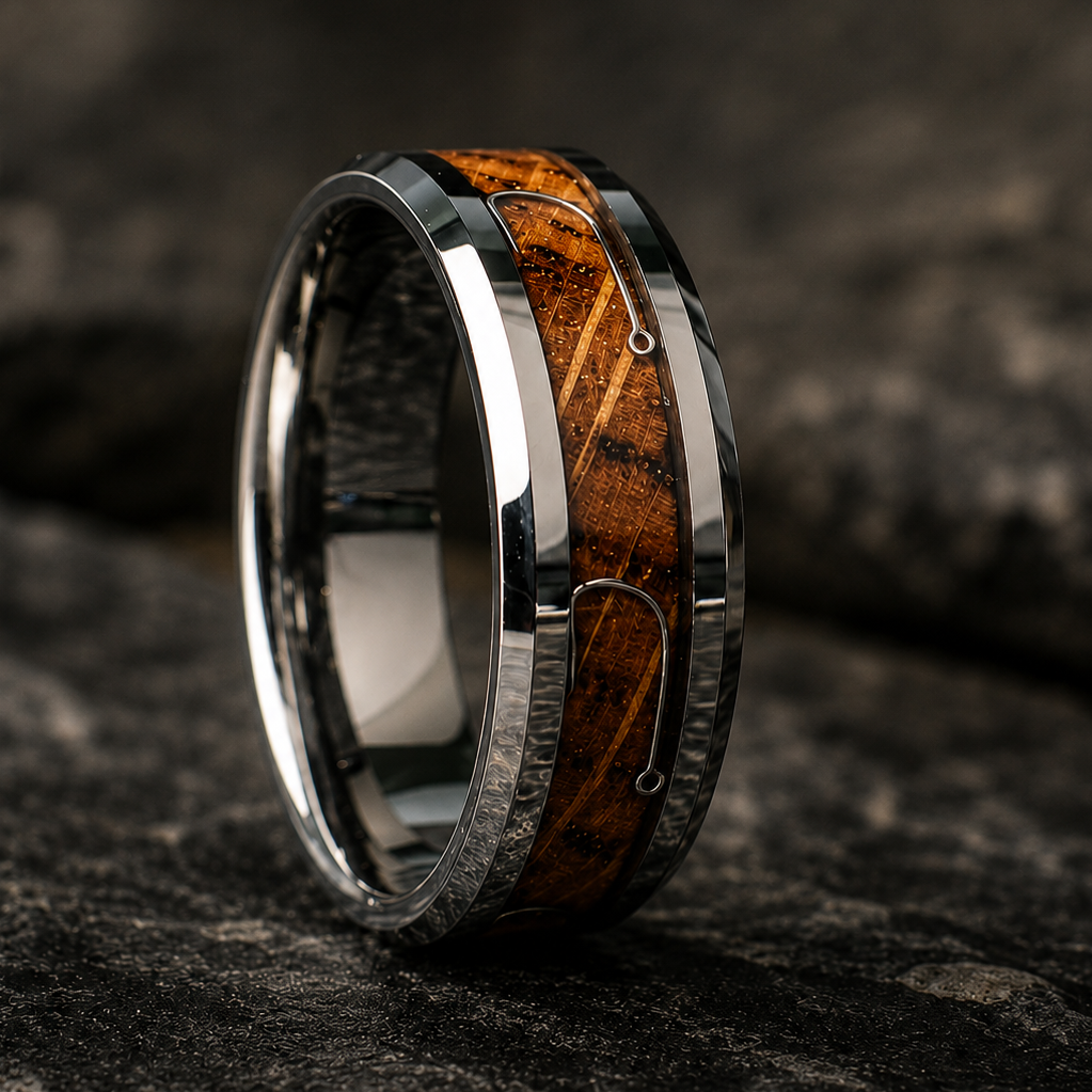 Tungsten wedding band inlayed with whiskey barrel wood and fishing hooks
