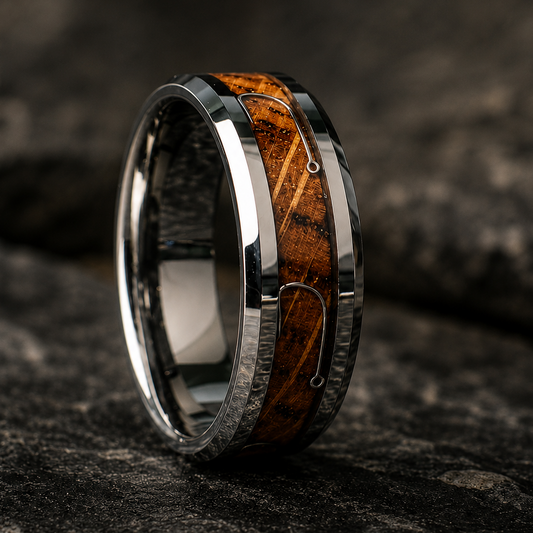 Tungsten wedding band inlayed with whiskey barrel wood and fishing hooks