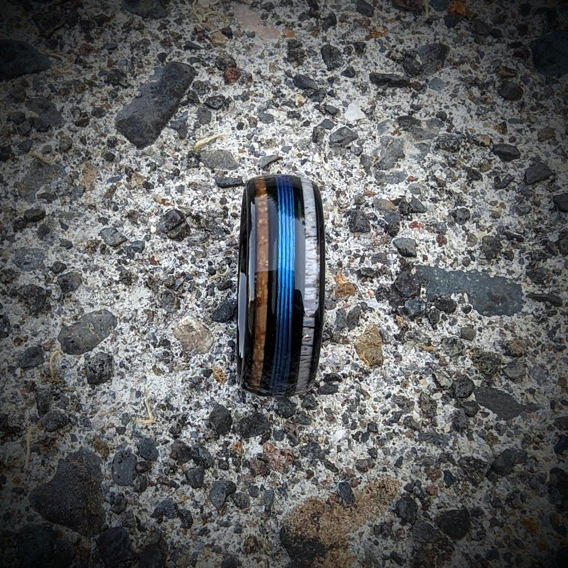 Men's Fishing Line Ring with Antler and Whiskey Barrel - GoodRingsUSA