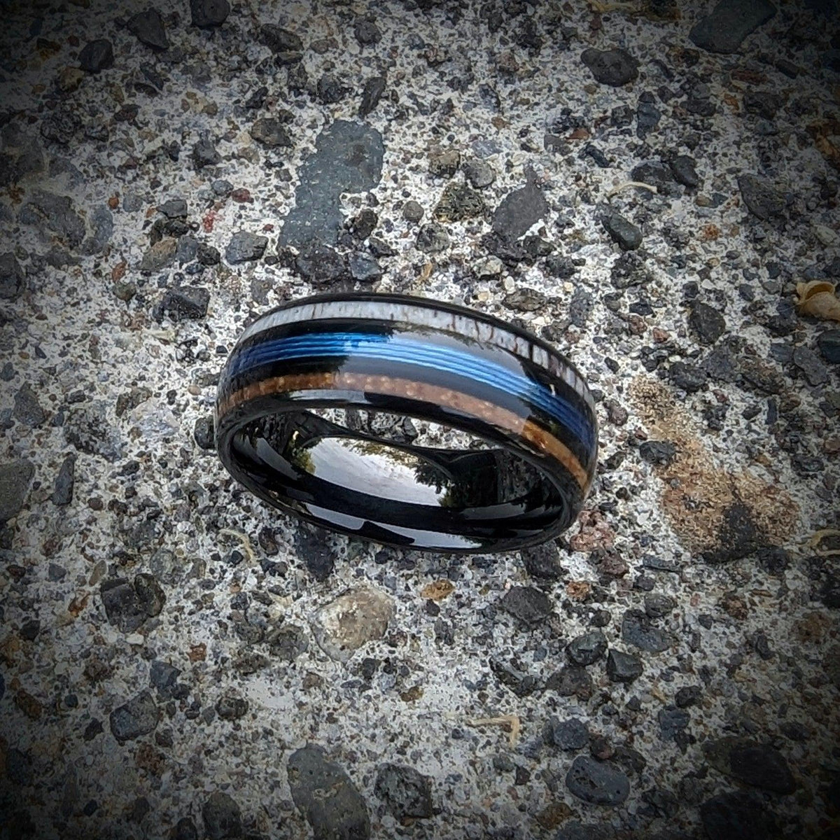 Men's Fishing Line Ring with Antler and Whiskey Barrel - GoodRingsUSA
