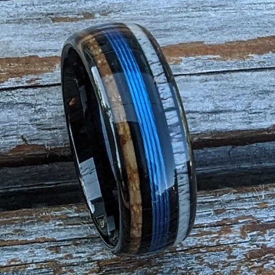 Men's Fishing Line Ring with Antler and Whiskey Barrel - GoodRingsUSA