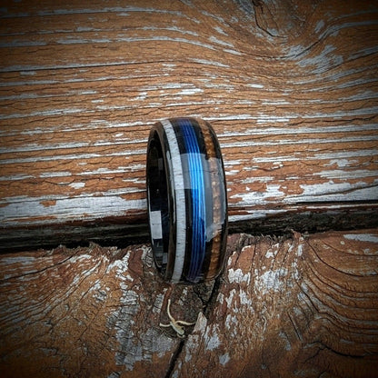 Men's Fishing Line Ring with Antler and Whiskey Barrel - GoodRingsUSA