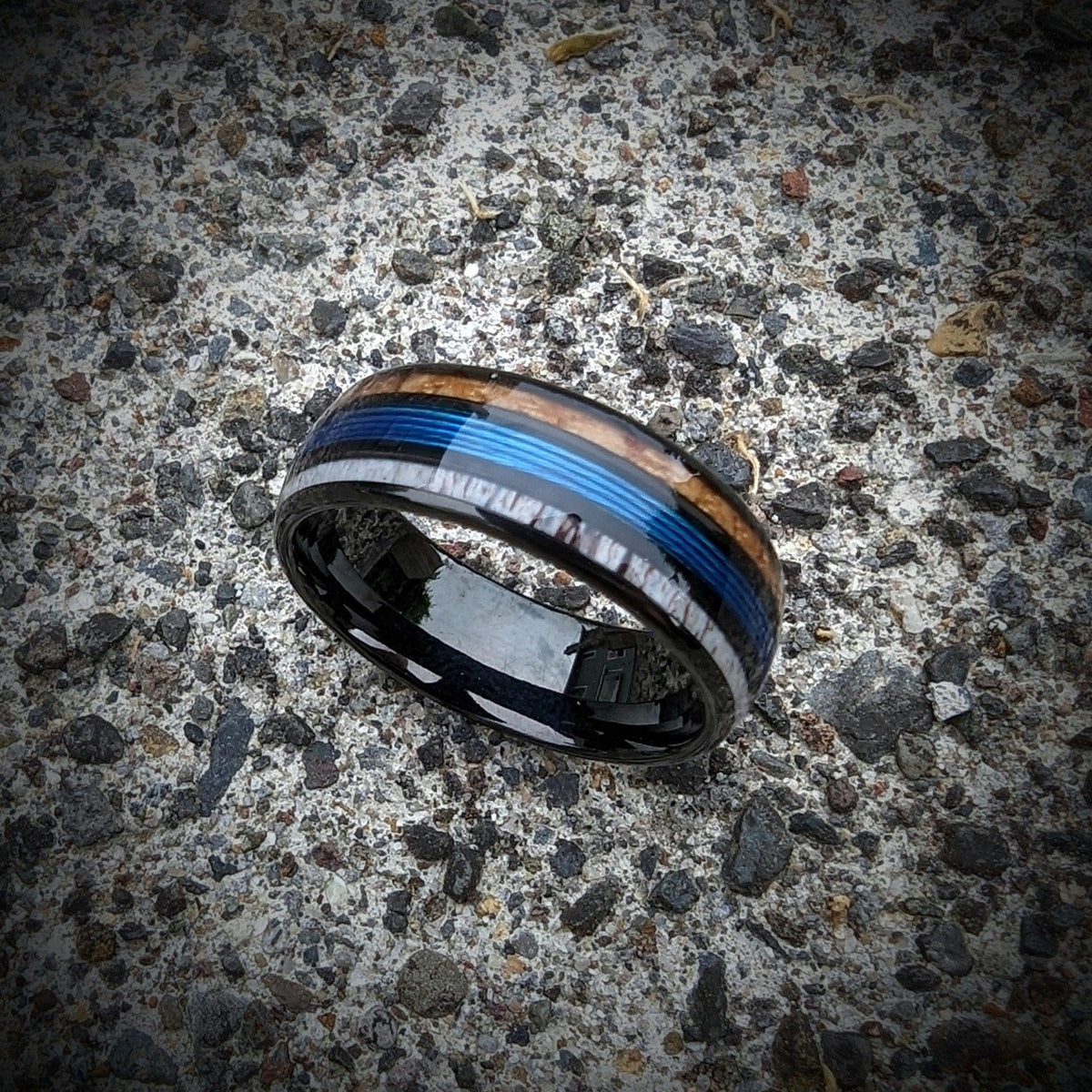 Men's Fishing Line Ring with Antler and Whiskey Barrel - GoodRingsUSA