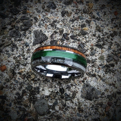Green Fishing Line Ring with Elk Antler and Makore Wood - GoodRingsUSA