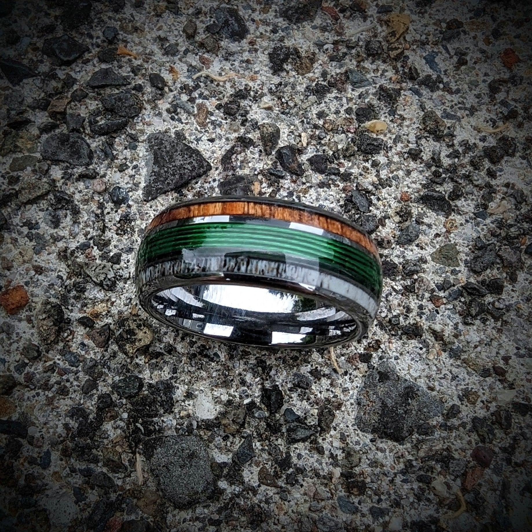Green Fishing Line Ring with Elk Antler and Makore Wood - GoodRingsUSA