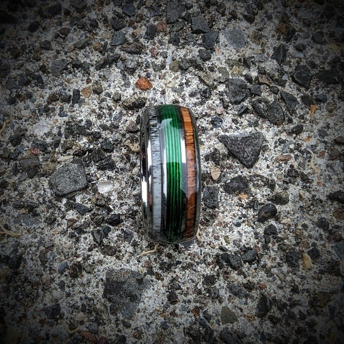Green Fishing Line Ring with Elk Antler and Makore Wood - GoodRingsUSA