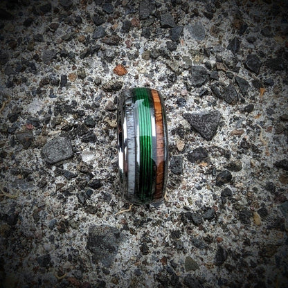 Green Fishing Line Ring with Elk Antler and Makore Wood - GoodRingsUSA