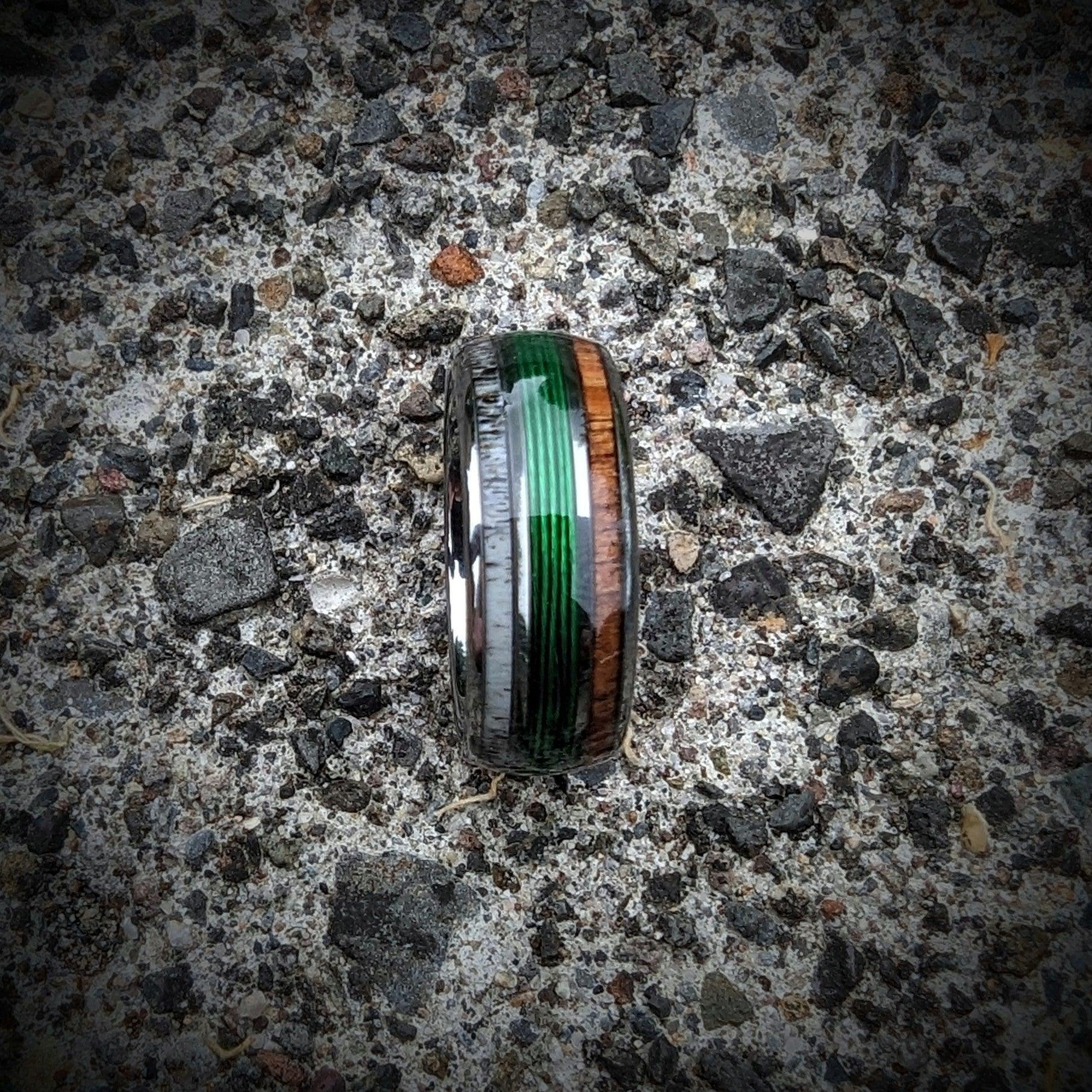 Green Fishing Line Ring with Elk Antler and Makore Wood - GoodRingsUSA