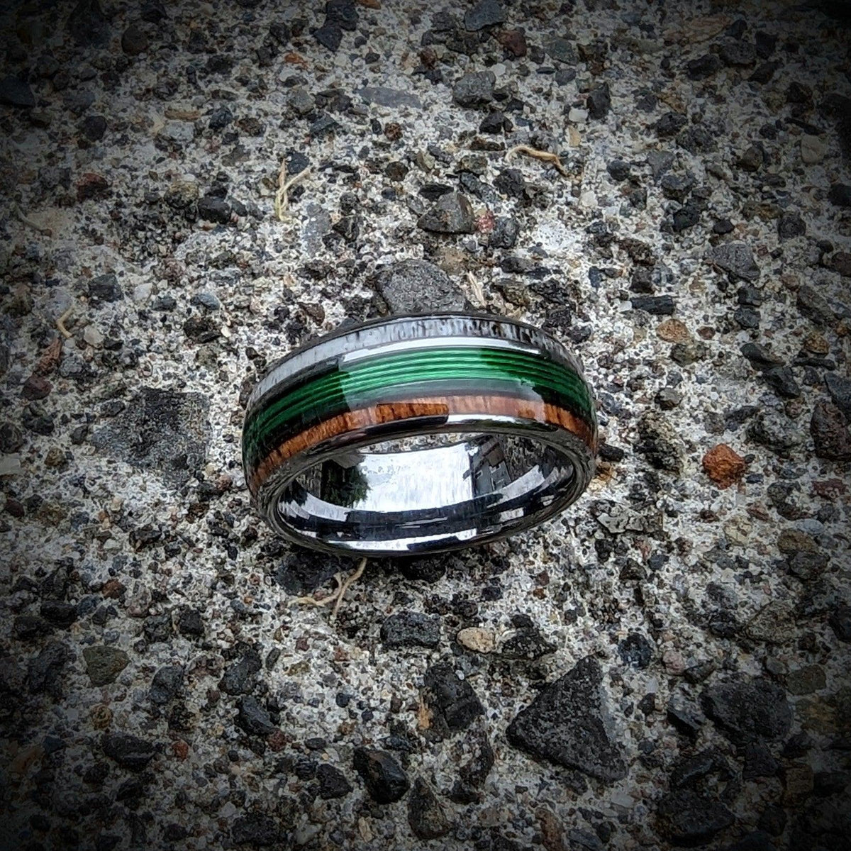 Green Fishing Line Ring with Elk Antler and Makore Wood - GoodRingsUSA