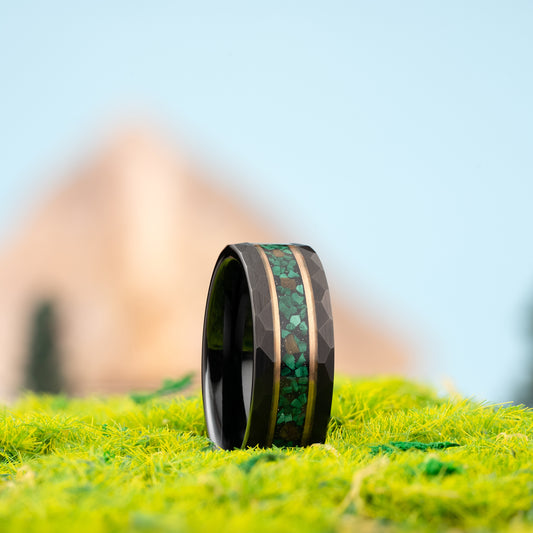 Malachite and Tiger Eye Ring, Malachite Wedding Band, Tiger Eye Wedding Ring, Promise Ring, Anniversary Ring