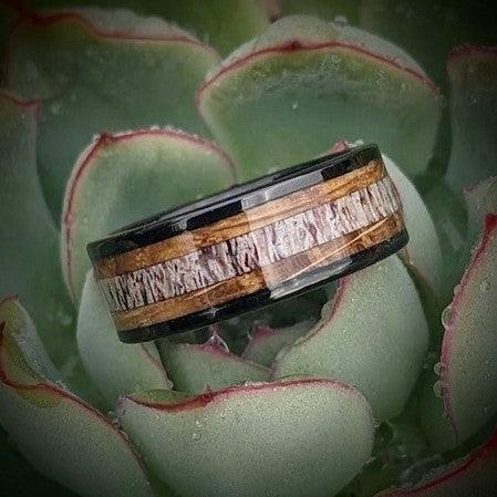 Antler and Whiskey Barrel Wood Ring - GoodRingsUSA