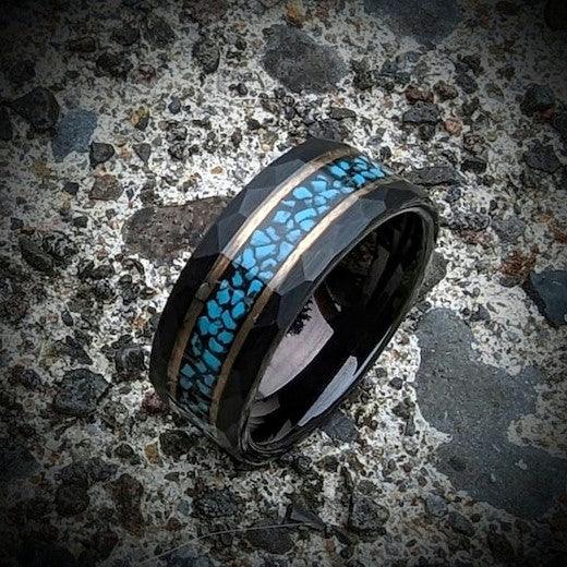 Hammered Tungsten Ring with Turquoise - GoodRingsUSA