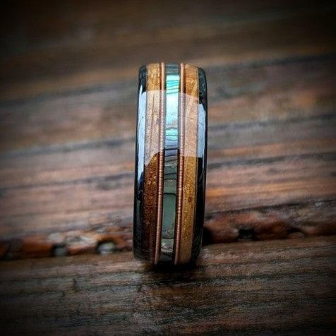 Whiskey Barrel Guitar String Ring with Abalone Shell - GoodRingsUSA