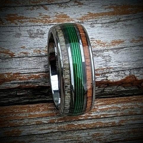Green Fishing Line Ring with Elk Antler and Makore Wood