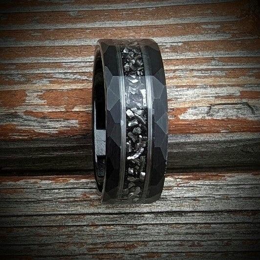 Hammered Meteorite Ring with Silver Leaf Inlay - GoodRingsUSA