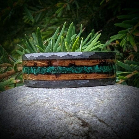 Burnt Whiskey Barrel and Malachite in a Hammered Core - GoodRingsUSA