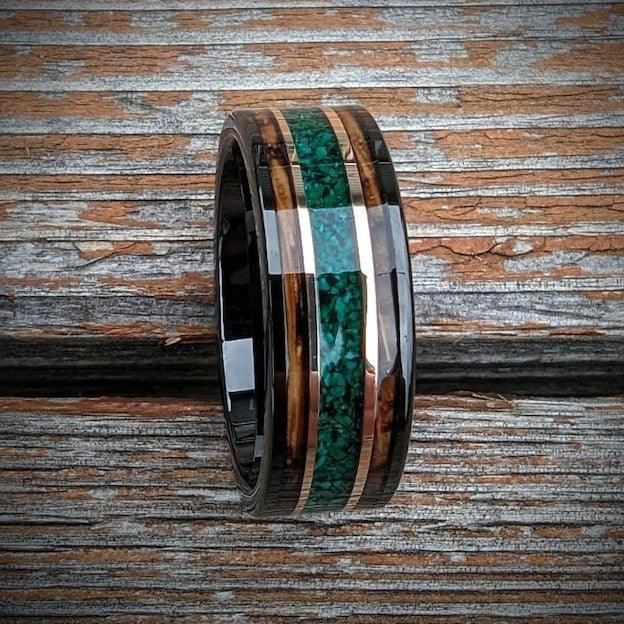 Malachite Ring with Burnt Whiskey Barrel Wood and Gold Bands