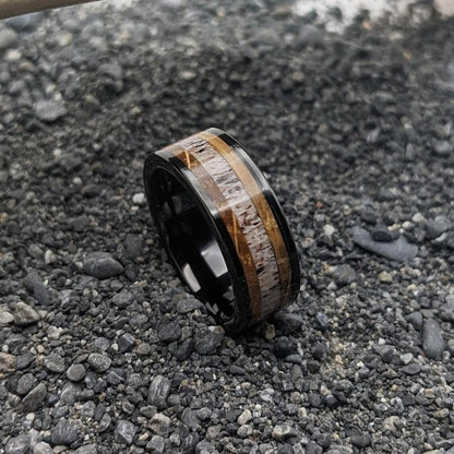 Antler and Whiskey Barrel Wood Ring - GoodRingsUSA