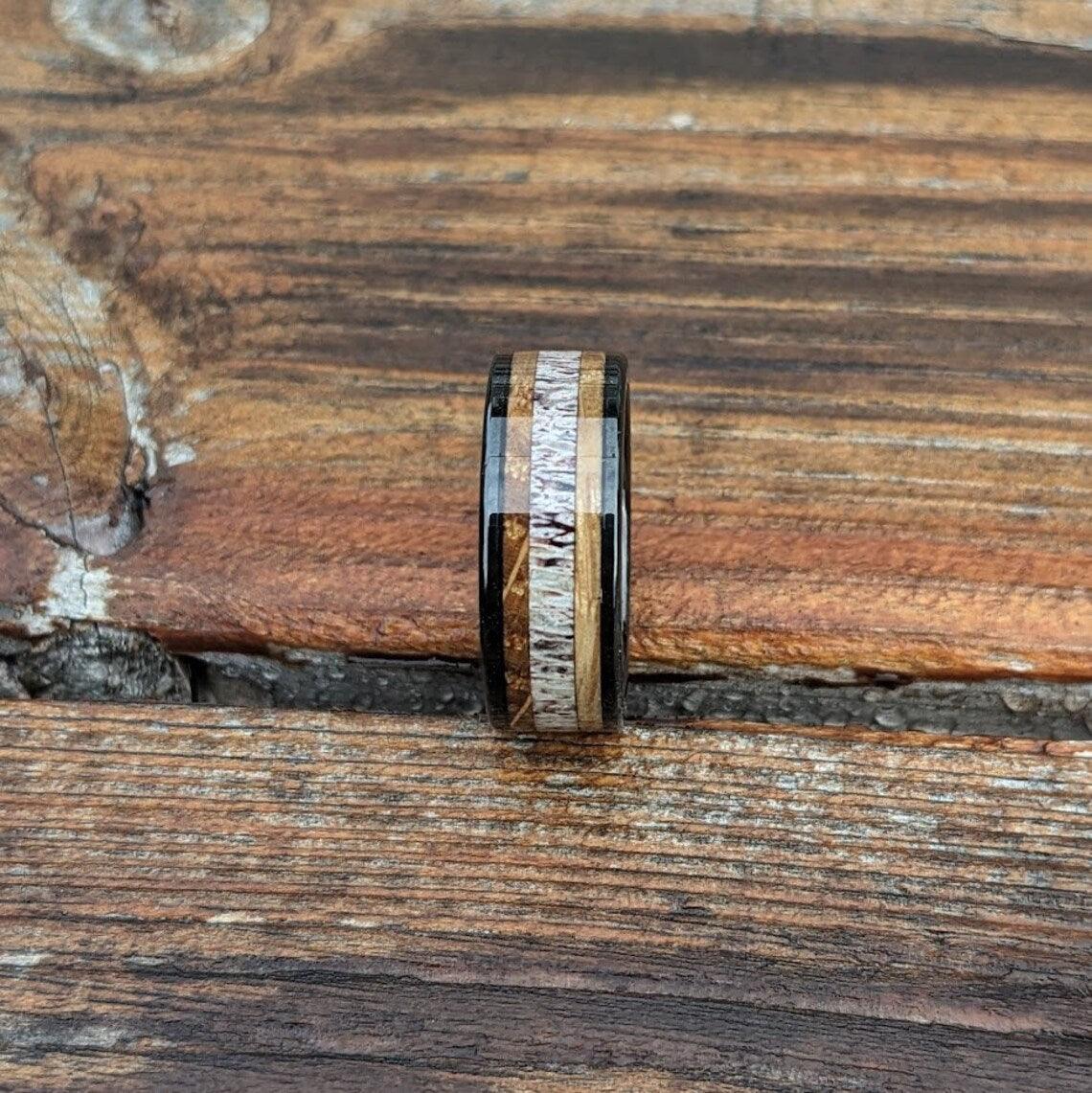 Antler and Whiskey Barrel Wood Ring - GoodRingsUSA
