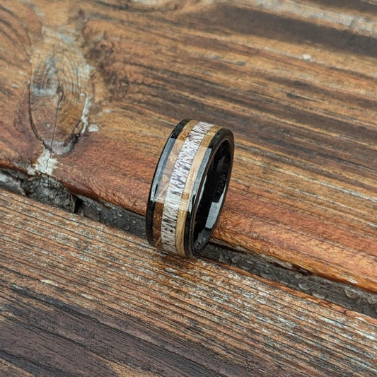 Antler and Whiskey Barrel Wood Ring - GoodRingsUSA
