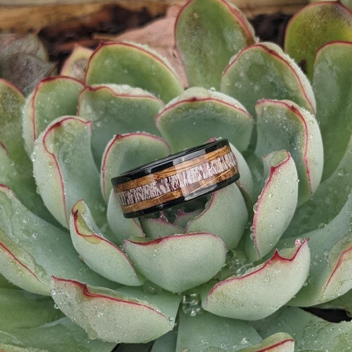 Antler and Whiskey Barrel Wood Ring - GoodRingsUSA