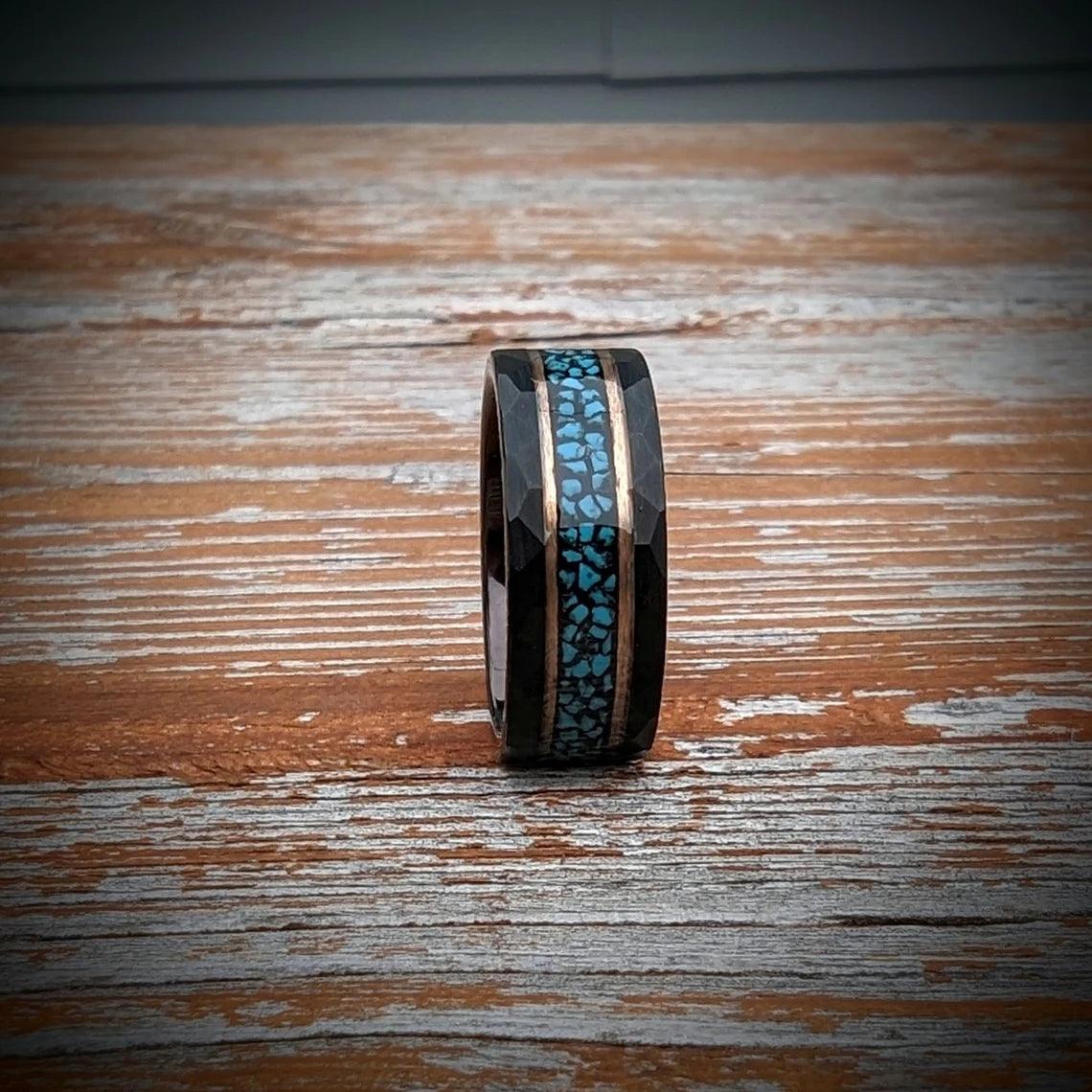 Hammered Tungsten Ring with Turquoise - GoodRingsUSA