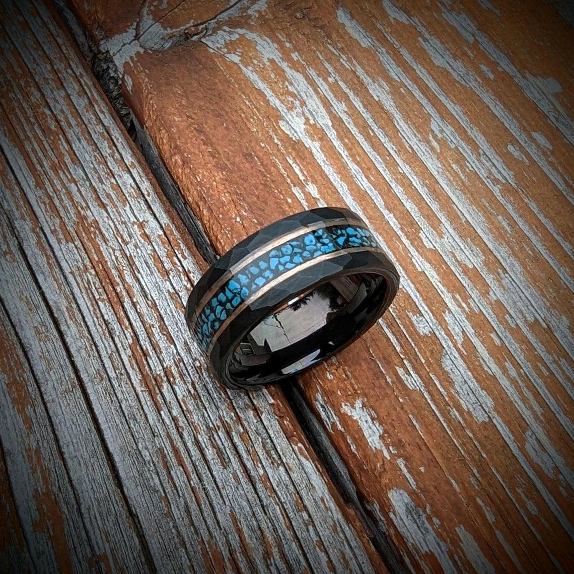 Hammered Tungsten Ring with Turquoise - GoodRingsUSA