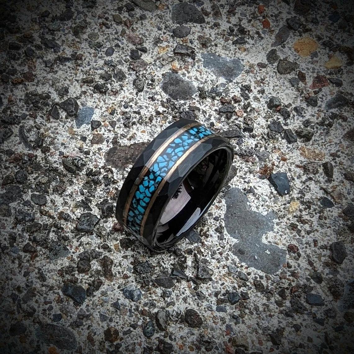 Hammered Tungsten Ring with Turquoise - GoodRingsUSA