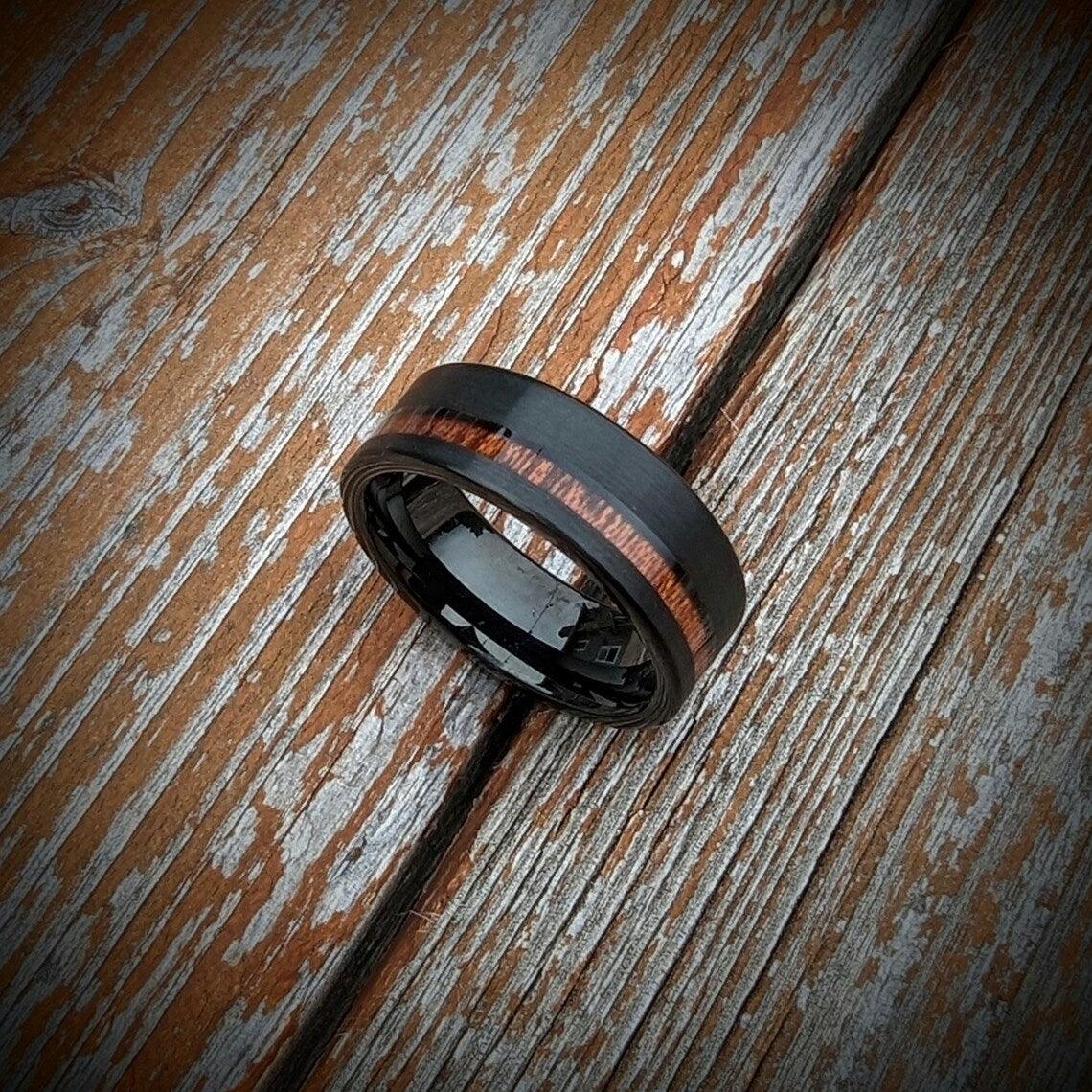 Tungsten Wedding Ring with Offset Koa Wood - GoodRingsUSA