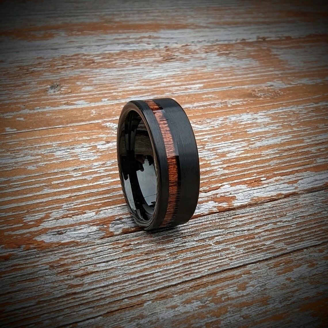 Tungsten Wedding Ring with Offset Koa Wood - GoodRingsUSA