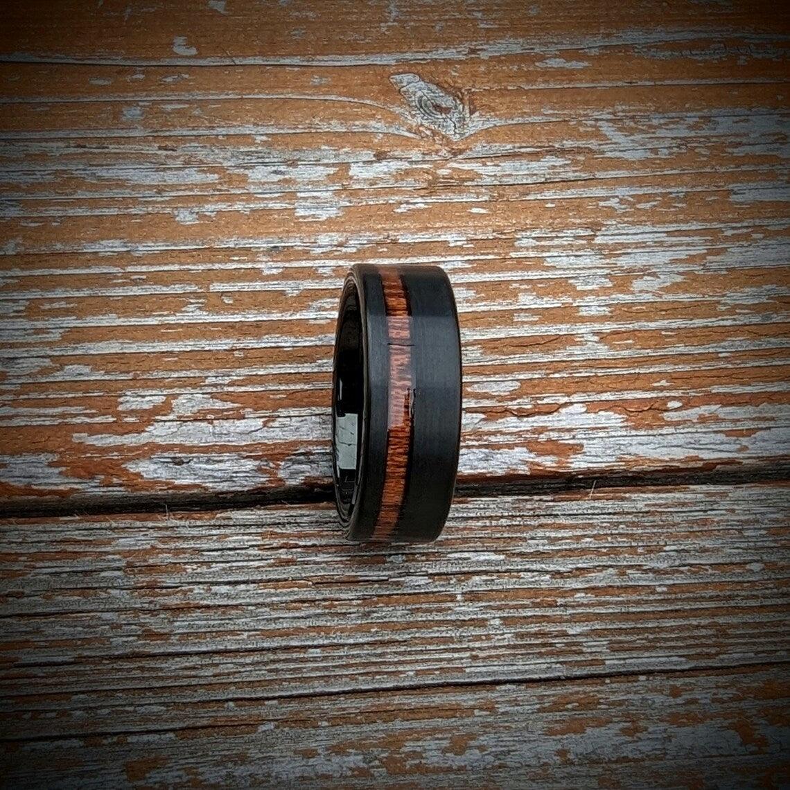 Tungsten Wedding Ring with Offset Koa Wood - GoodRingsUSA