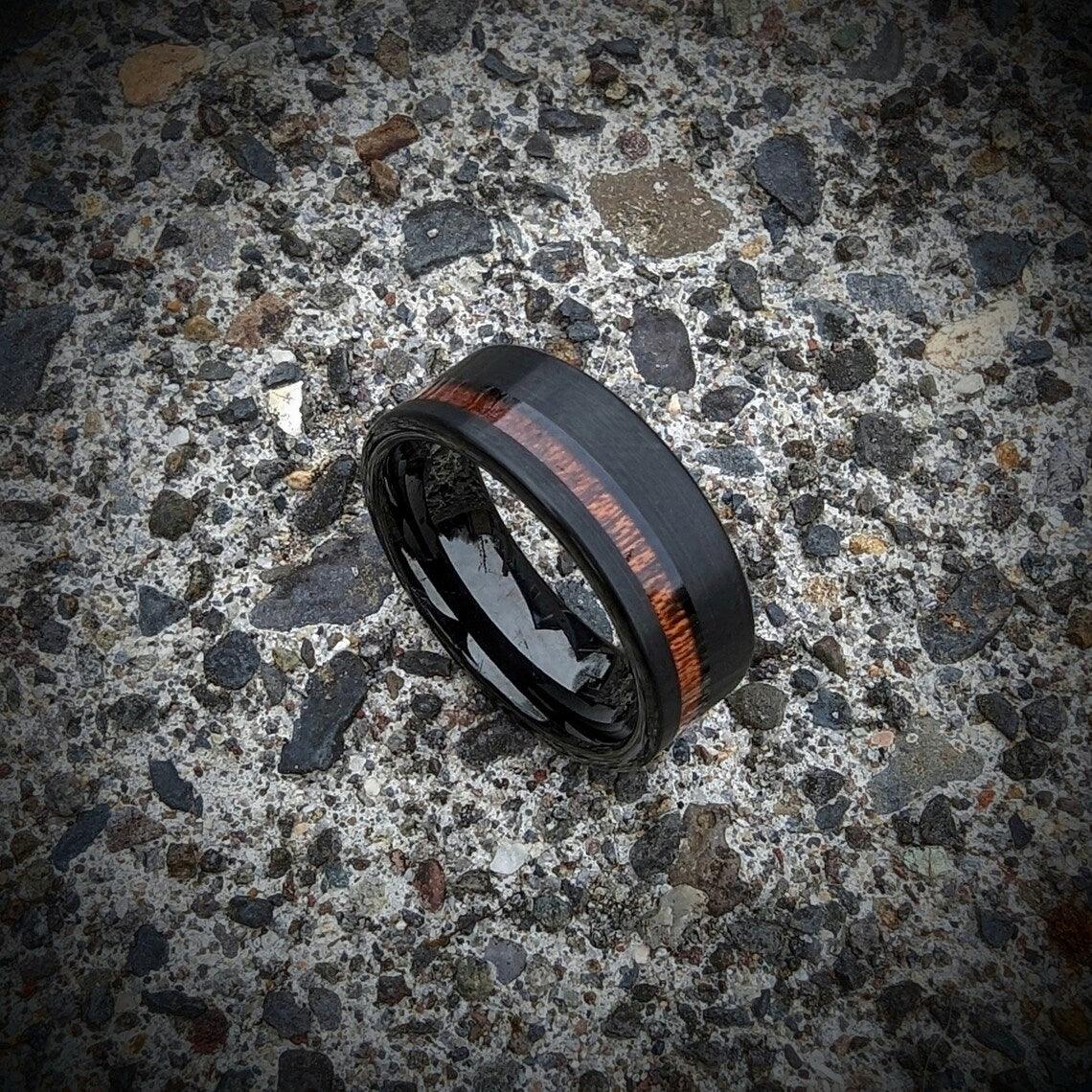 Tungsten Wedding Ring with Offset Koa Wood - GoodRingsUSA