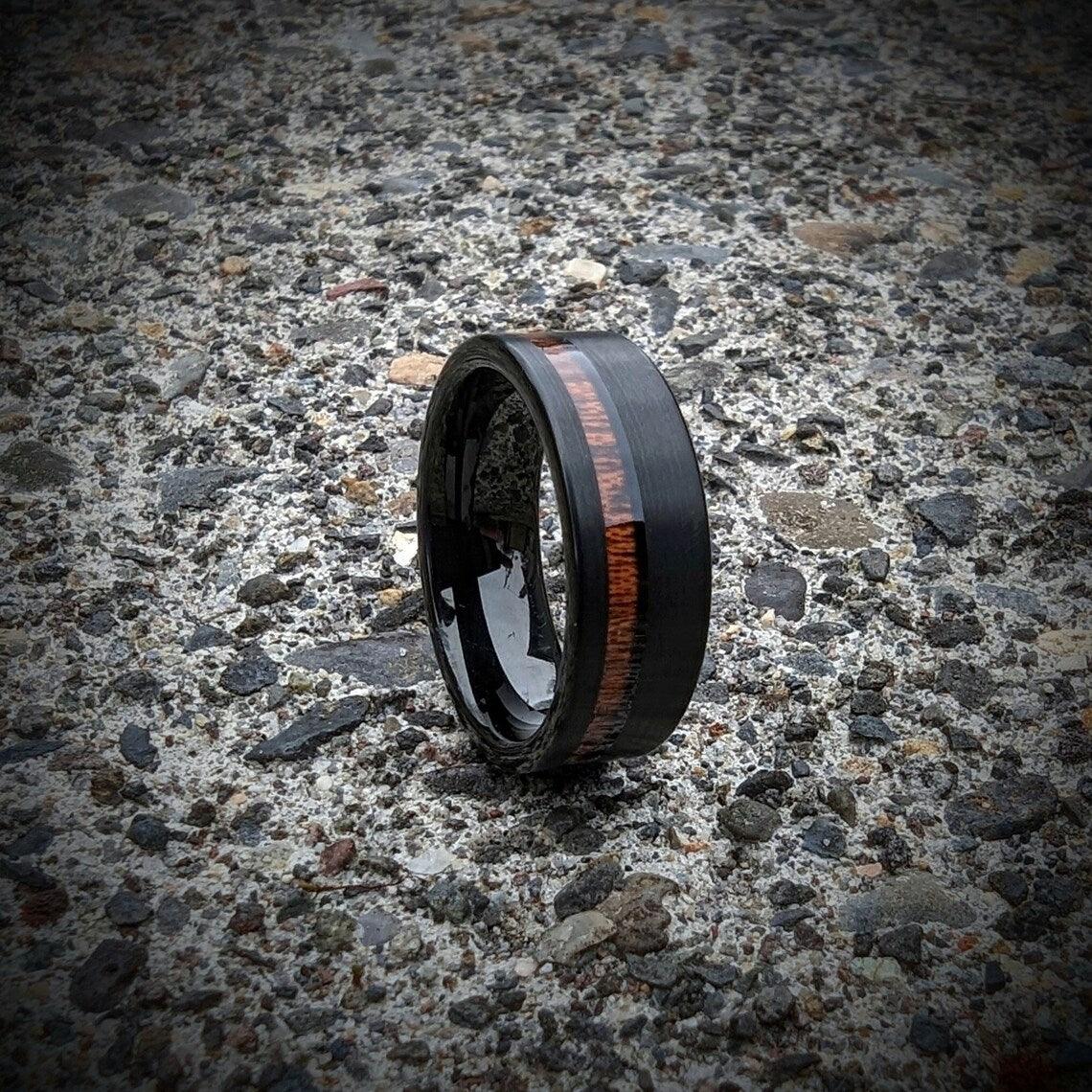 Tungsten Wedding Ring with Offset Koa Wood - GoodRingsUSA