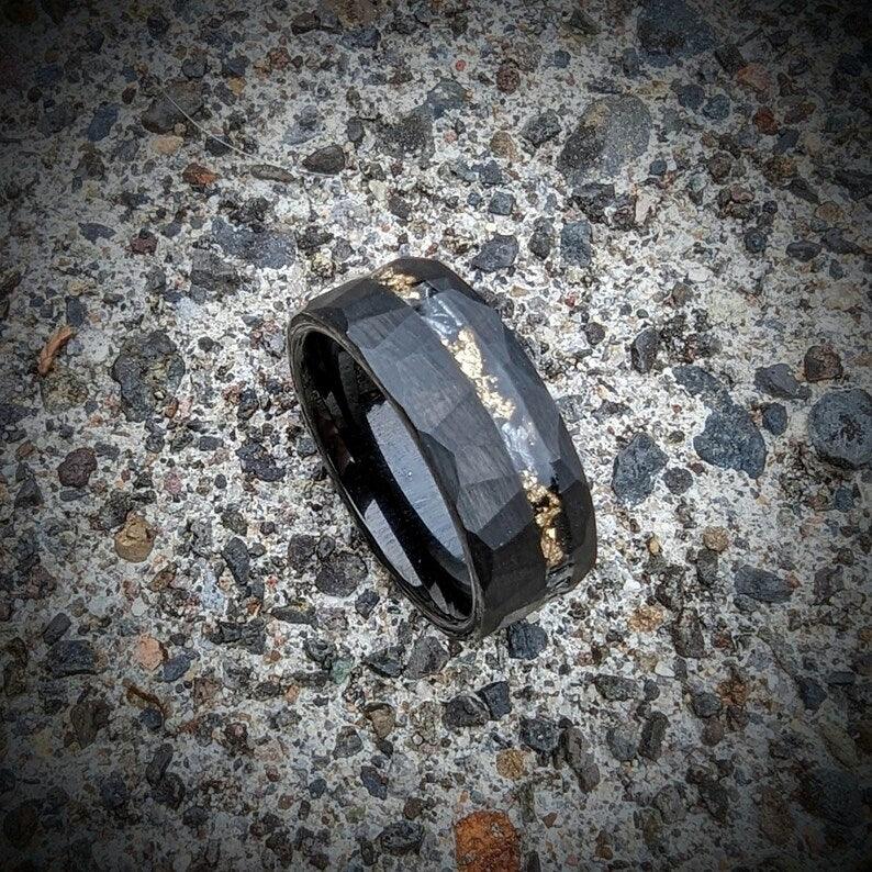 Meteorite and Gold Hammered Wedding Ring