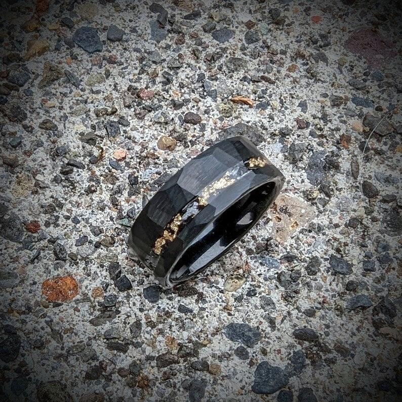 Meteorite and Gold Hammered Wedding Ring - GoodRingsUSA