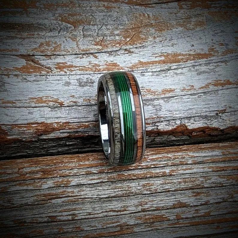 Green Fishing Line Ring with Elk Antler and Makore Wood - GoodRingsUSA
