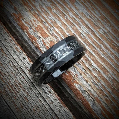 Hammered Meteorite Ring with Silver Leaf Inlay - GoodRingsUSA