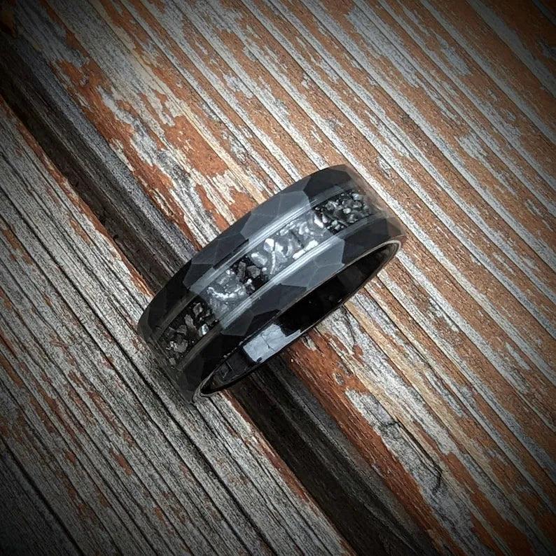 Hammered Meteorite Ring with Silver Leaf Inlay - GoodRingsUSA