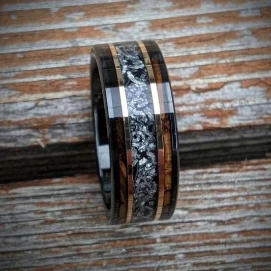 Burnt Whiskey Barrel and Meteorite Wedding Ring - GoodRingsUSA