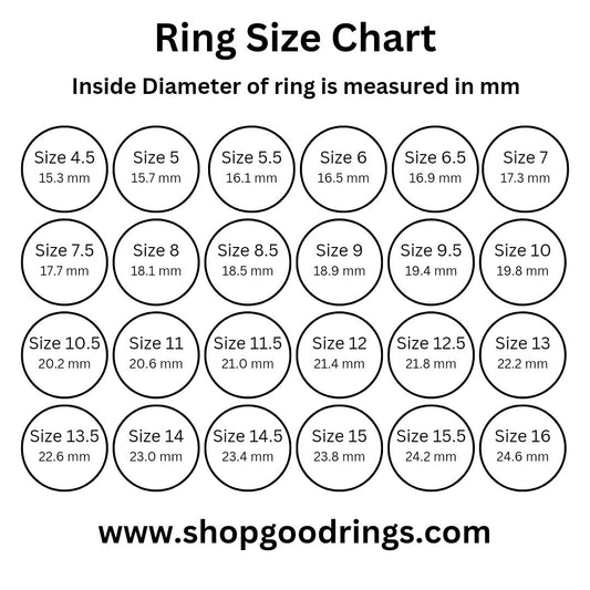 Ring size chart with sizes and the inside diameter for each size