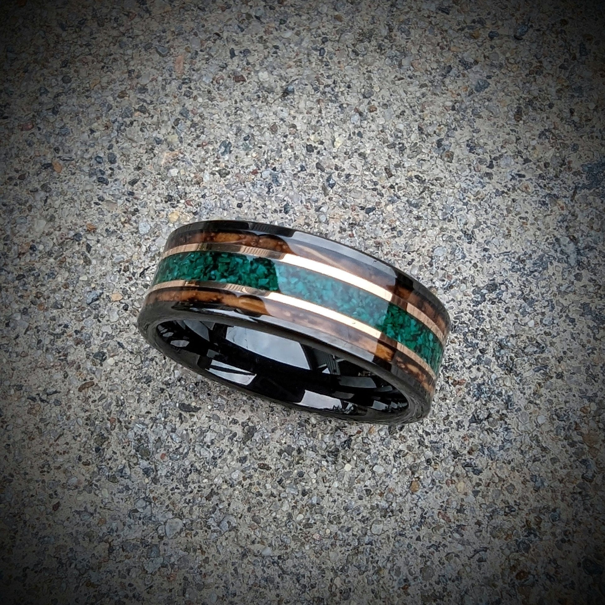 Wedding Band made out of Whiskey Barrel, Malachite, Rose Gold, and Tungsten