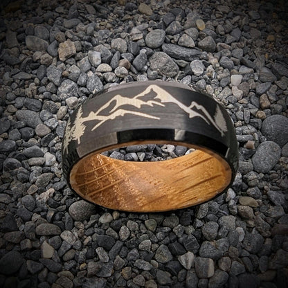 Mountain Ring with Whiskey Barrel Inside, Whiskey Barrel Wedding Band